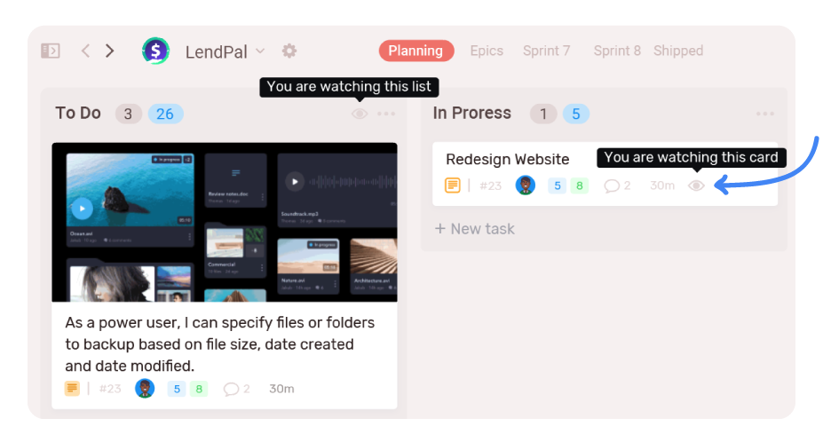Eye icon see which tasks are you watching