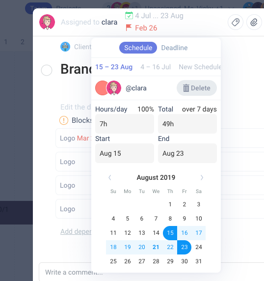 Schedule item in task modal